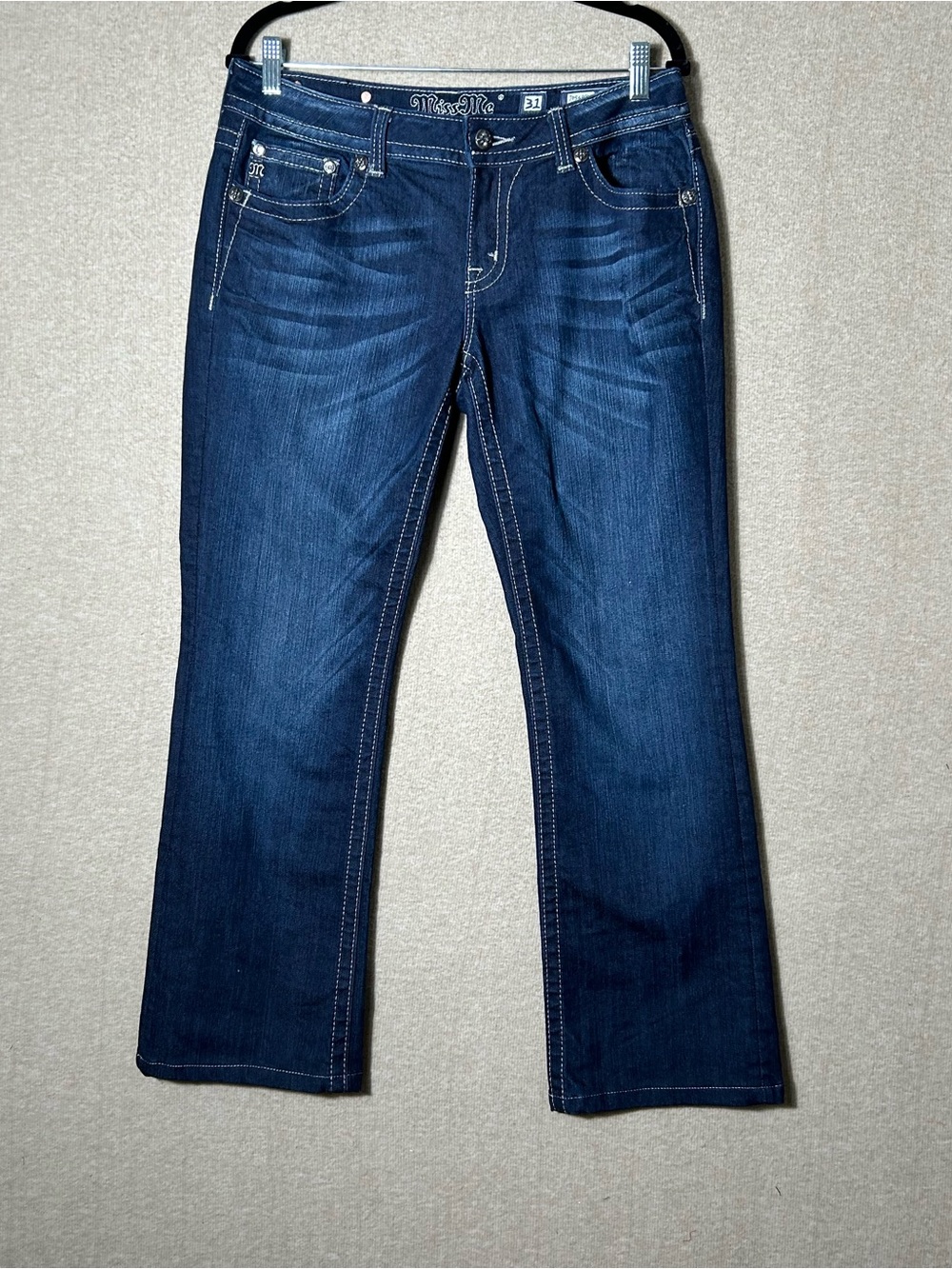 Miss Me Jeans Women Size 31 Blue Boot Faded Whiskers Embroidered Rhinestones